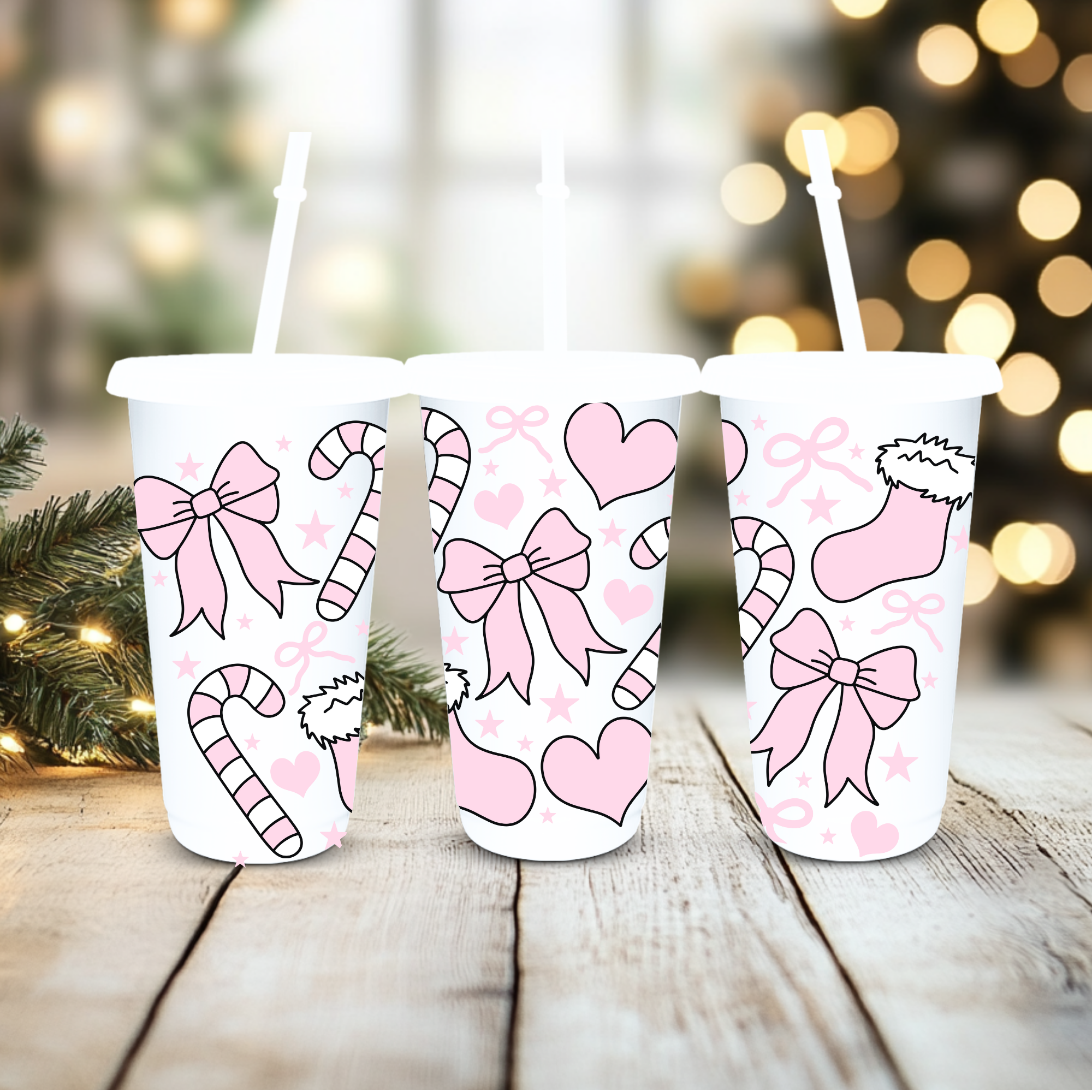 UVDTF Cold Cup Wrap - Baby Pink Bow Candy Cane