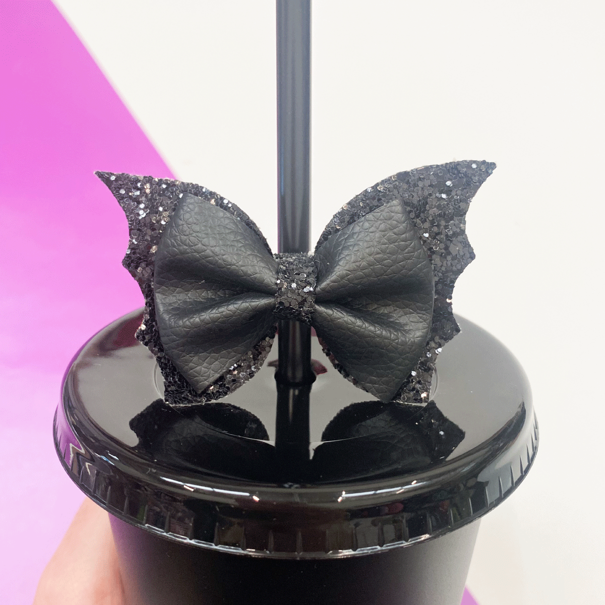 Halloween Straw Topper - Black Leatherette Bat