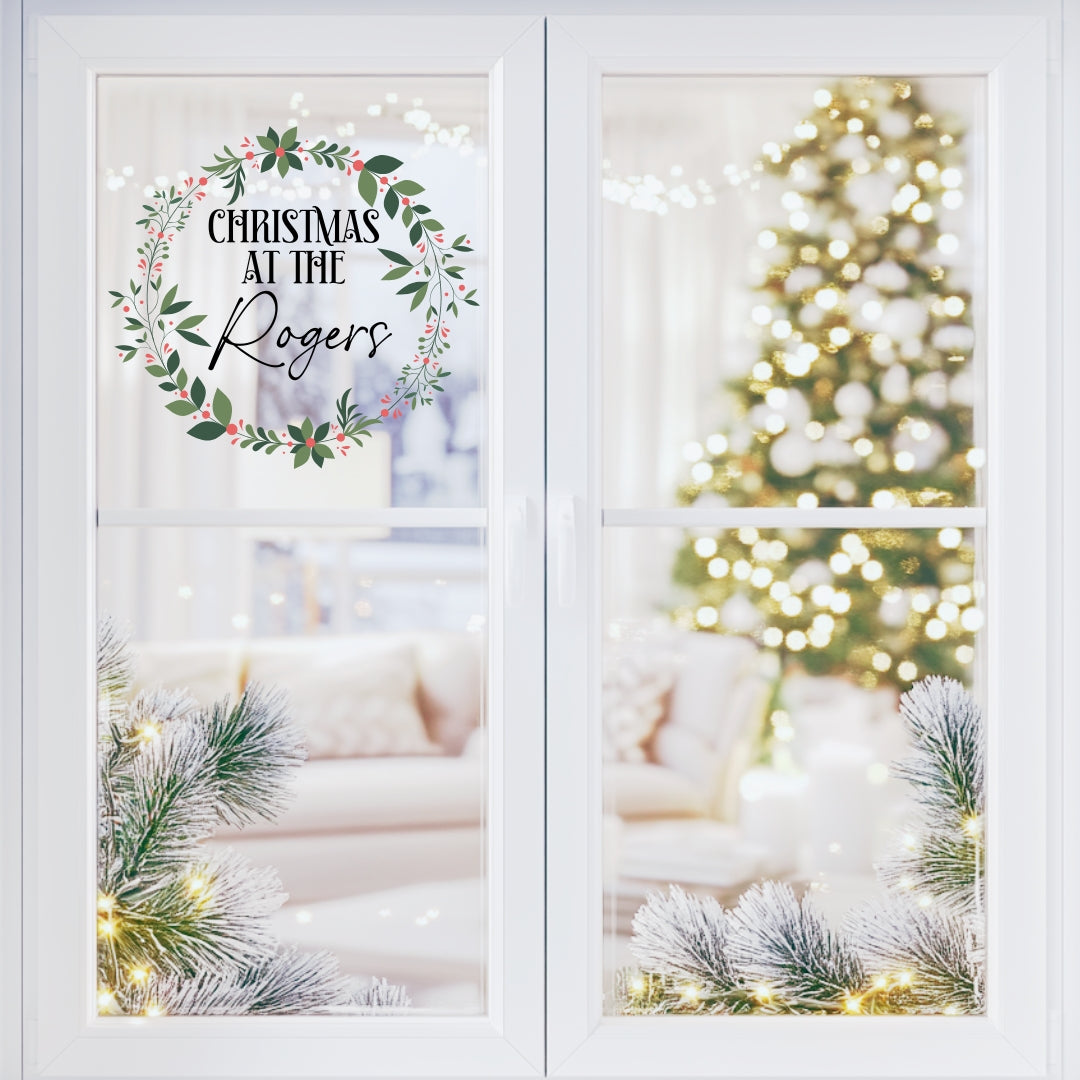 Red and Green Leaf Wreath Window Cling
