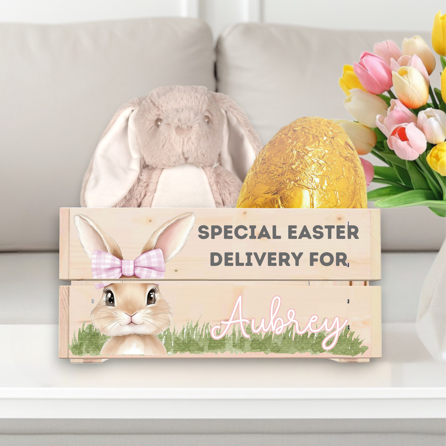 UVDTF - Easter Crate Decal Pink Gingham Bunny