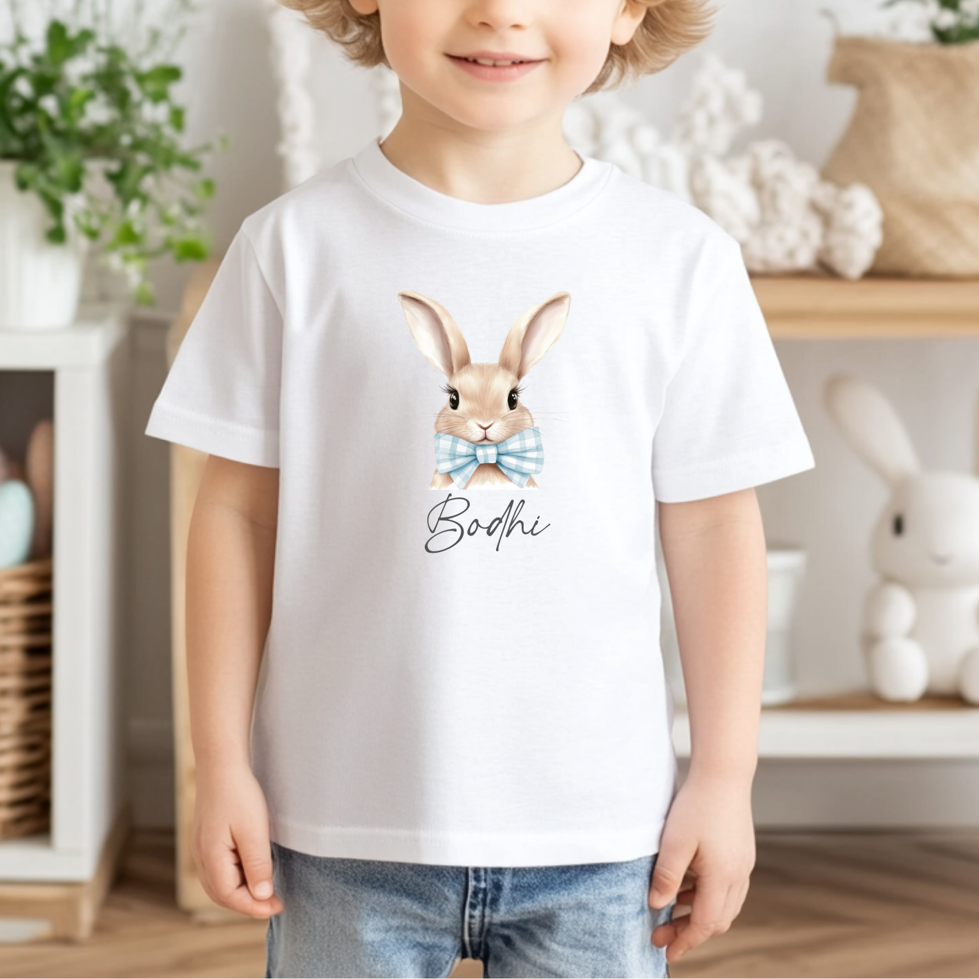 DTF Decal - Gingham Bow Tie Bunny Blue