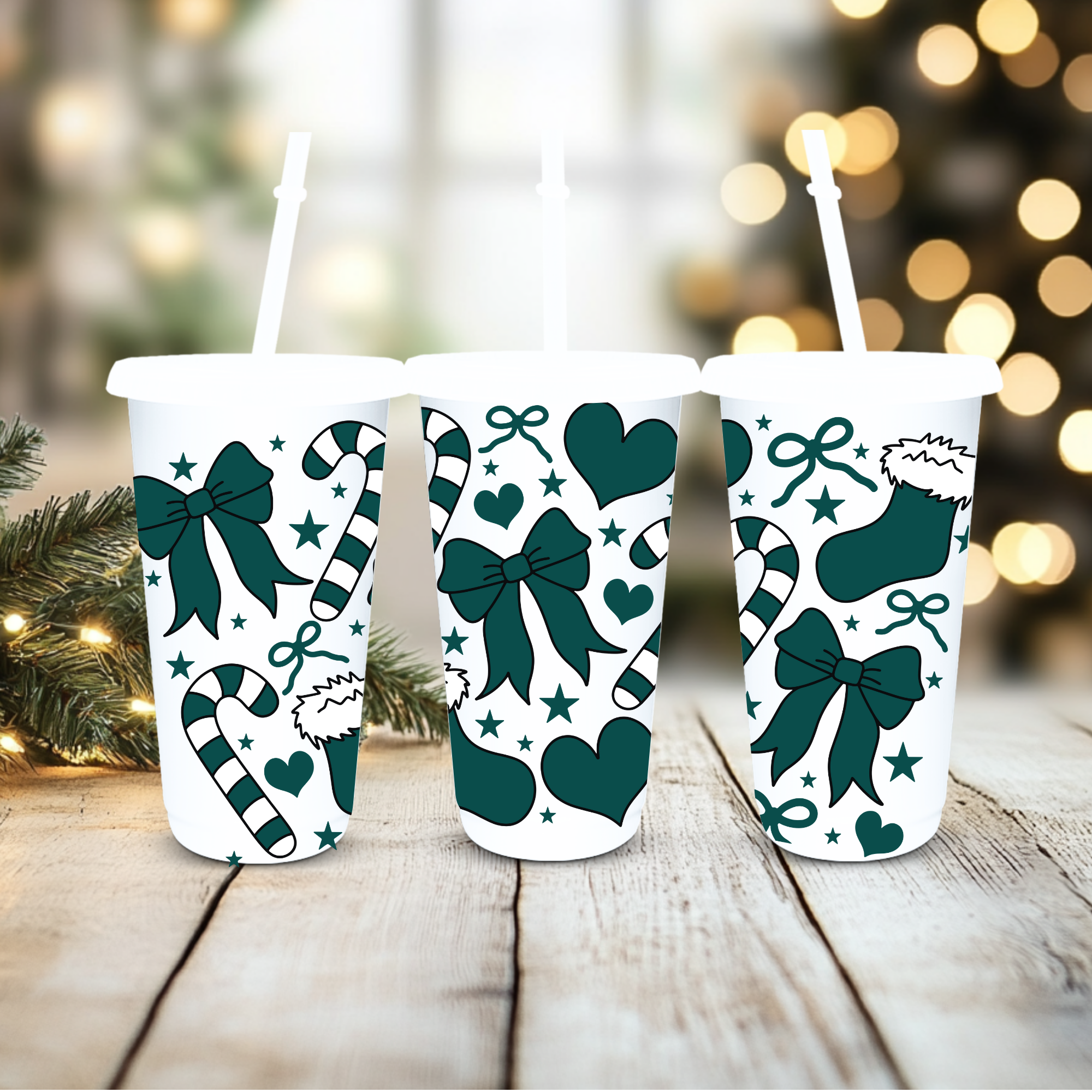UVDTF Cold Cup Wrap - Dark Green Bow Candy Cane