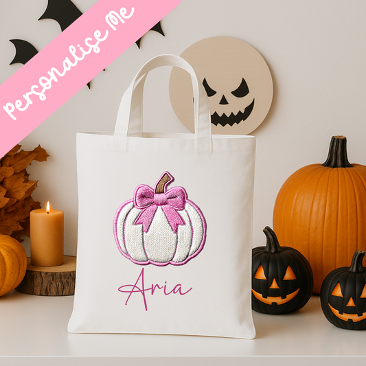DTF -Pink & White Embroidered Pumpkin Tote Bag Decal