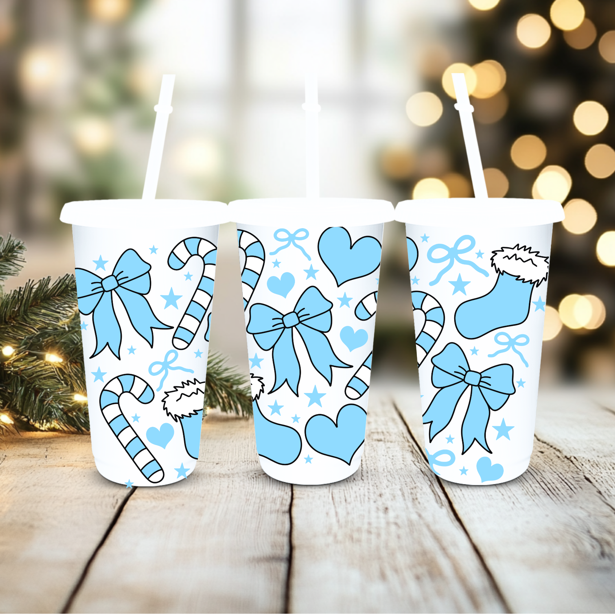 UVDTF Cold Cup Wrap -Blue Bow Candy Cane