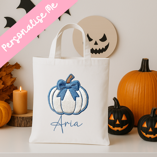 DTF -Blue & White Embroidered Pumpkin Tote Bag Decal
