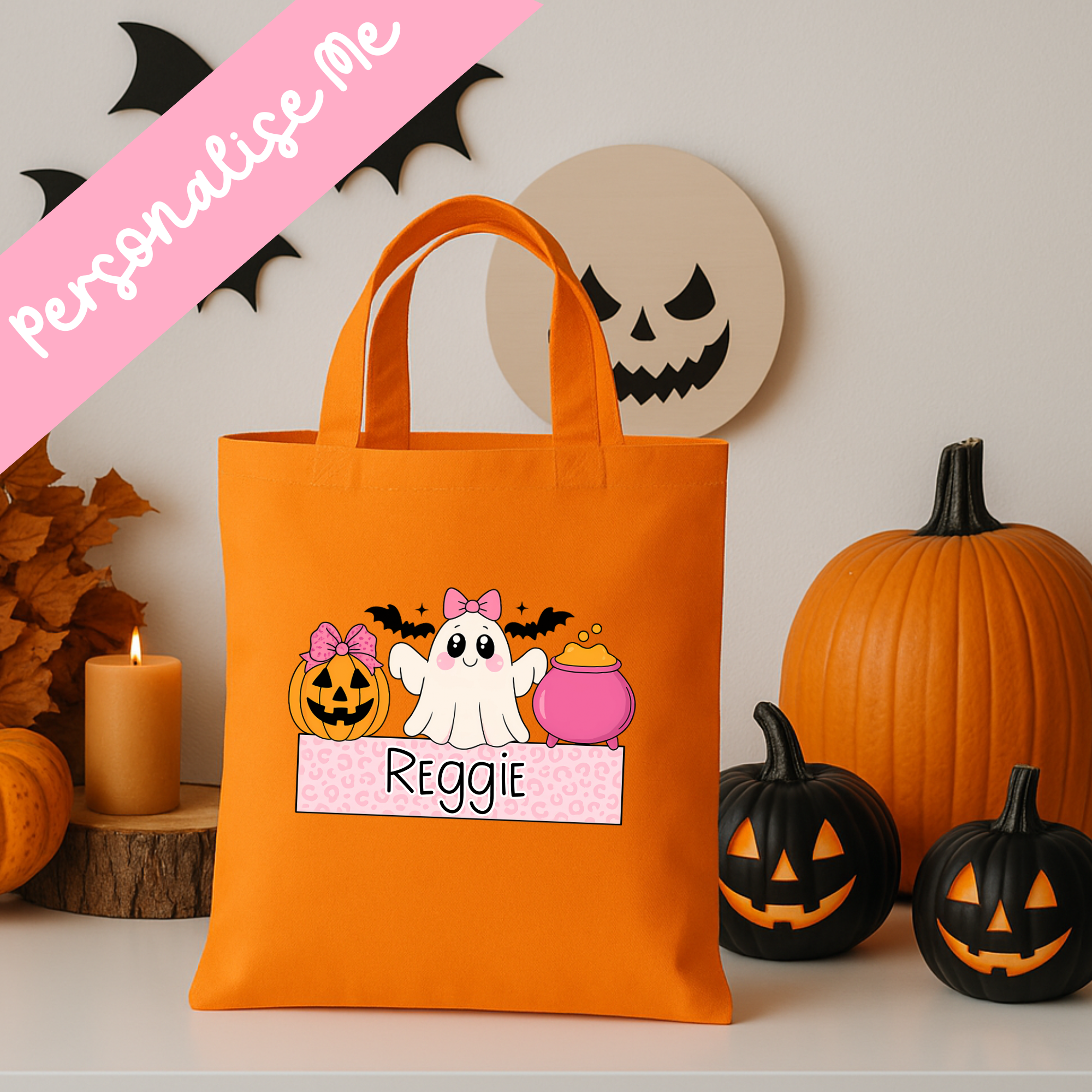 DTF - Pink Ghost & pumpkin Tote Bag Decal