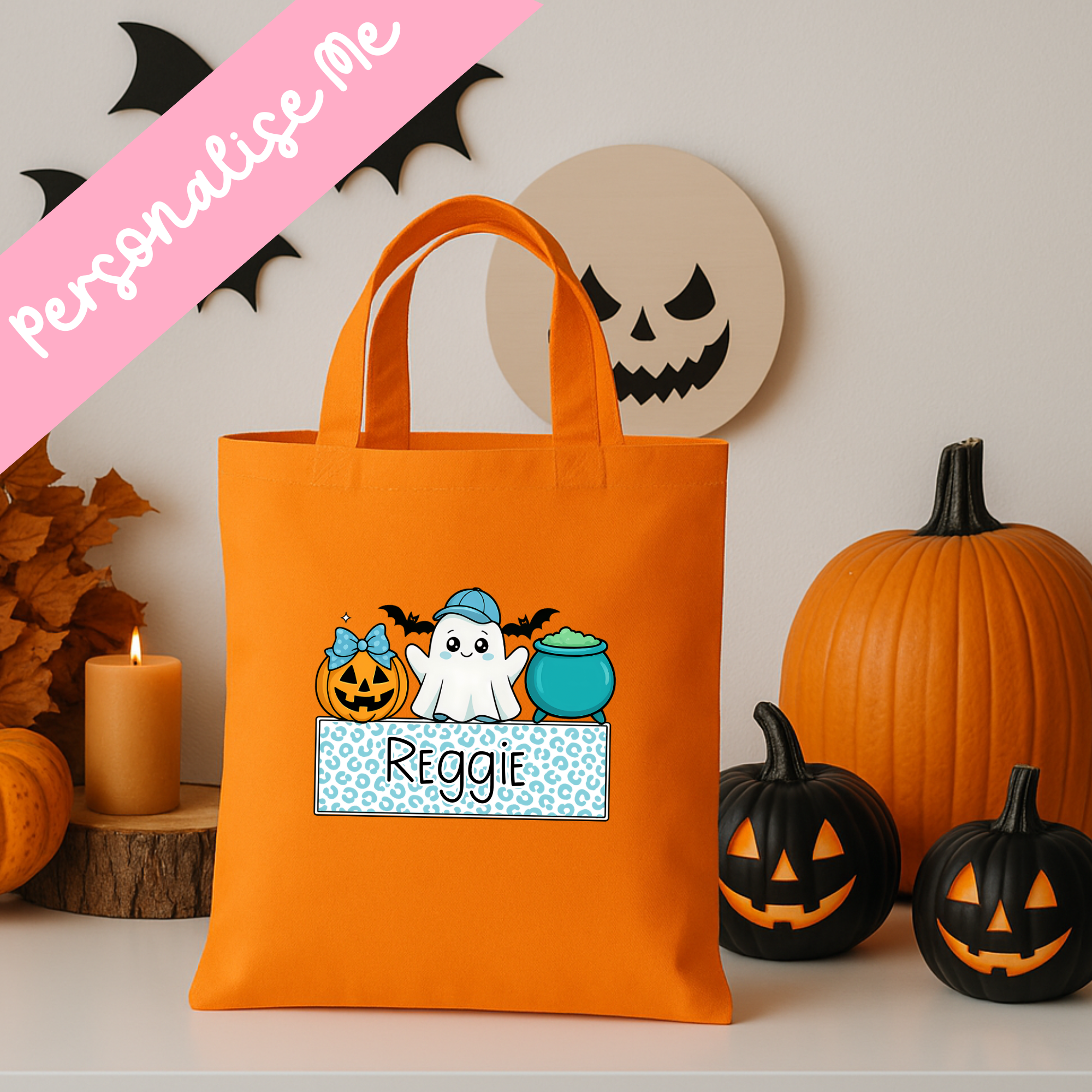 DTF - Blue Ghost & pumpkin Tote Bag Decal