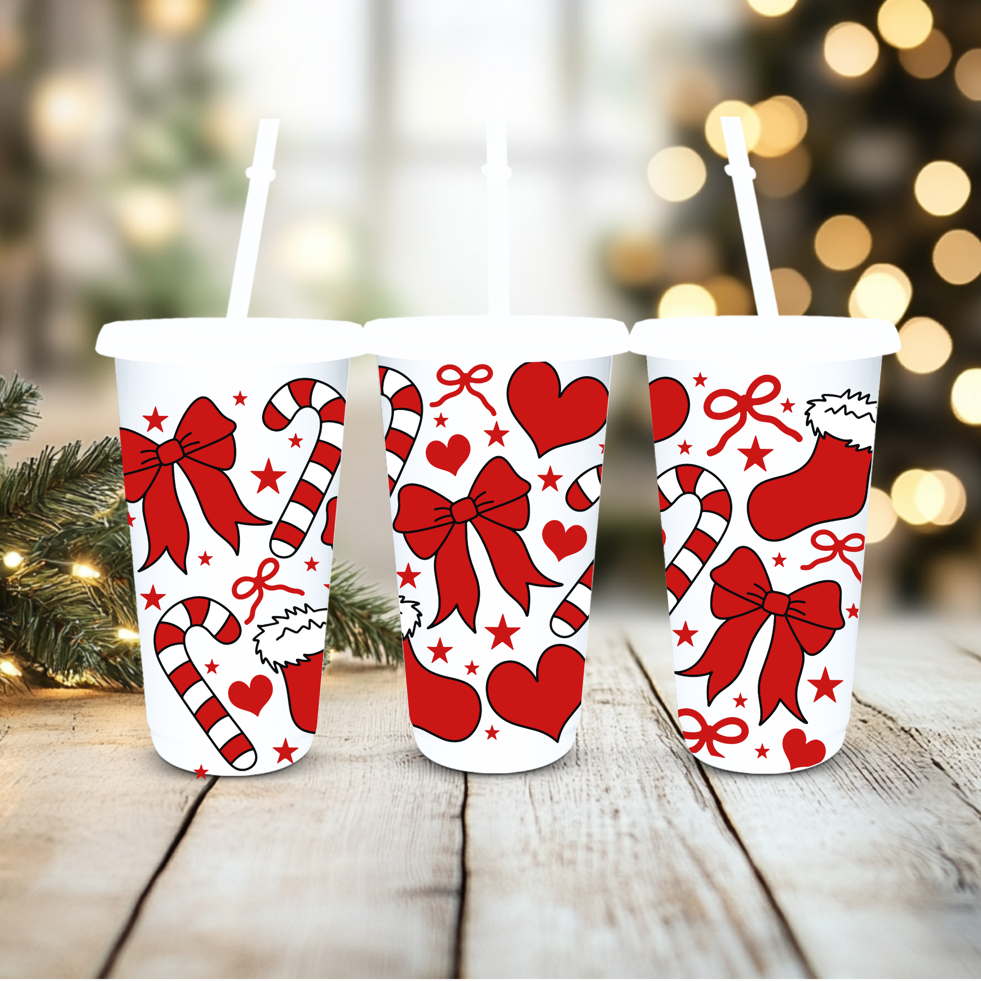 UVDTF Cold Cup Wrap - Red Bow Candy Cane