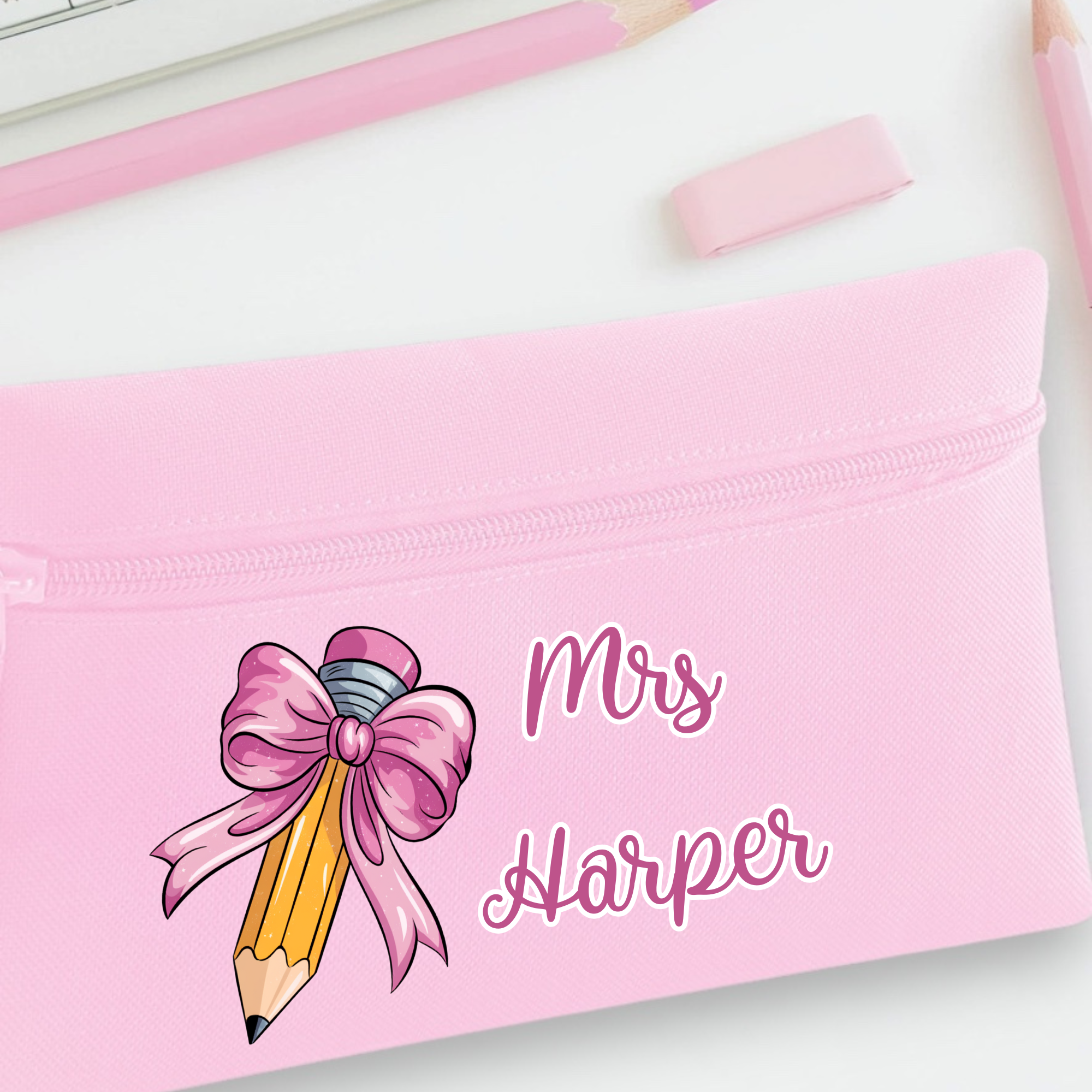 DTF -  Pink Coquette Crayon Bow Pencil Case Size