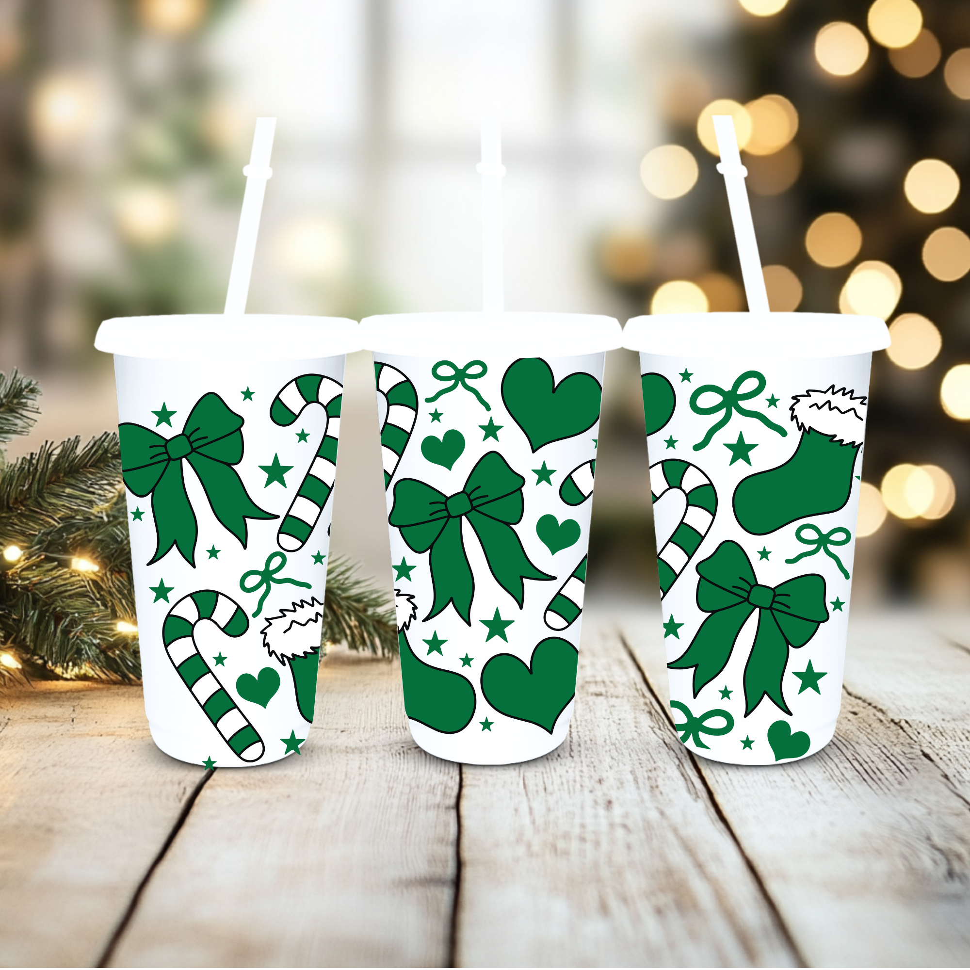 UVDTF Cold Cup Wrap - Grass Green Bow Candy Cane