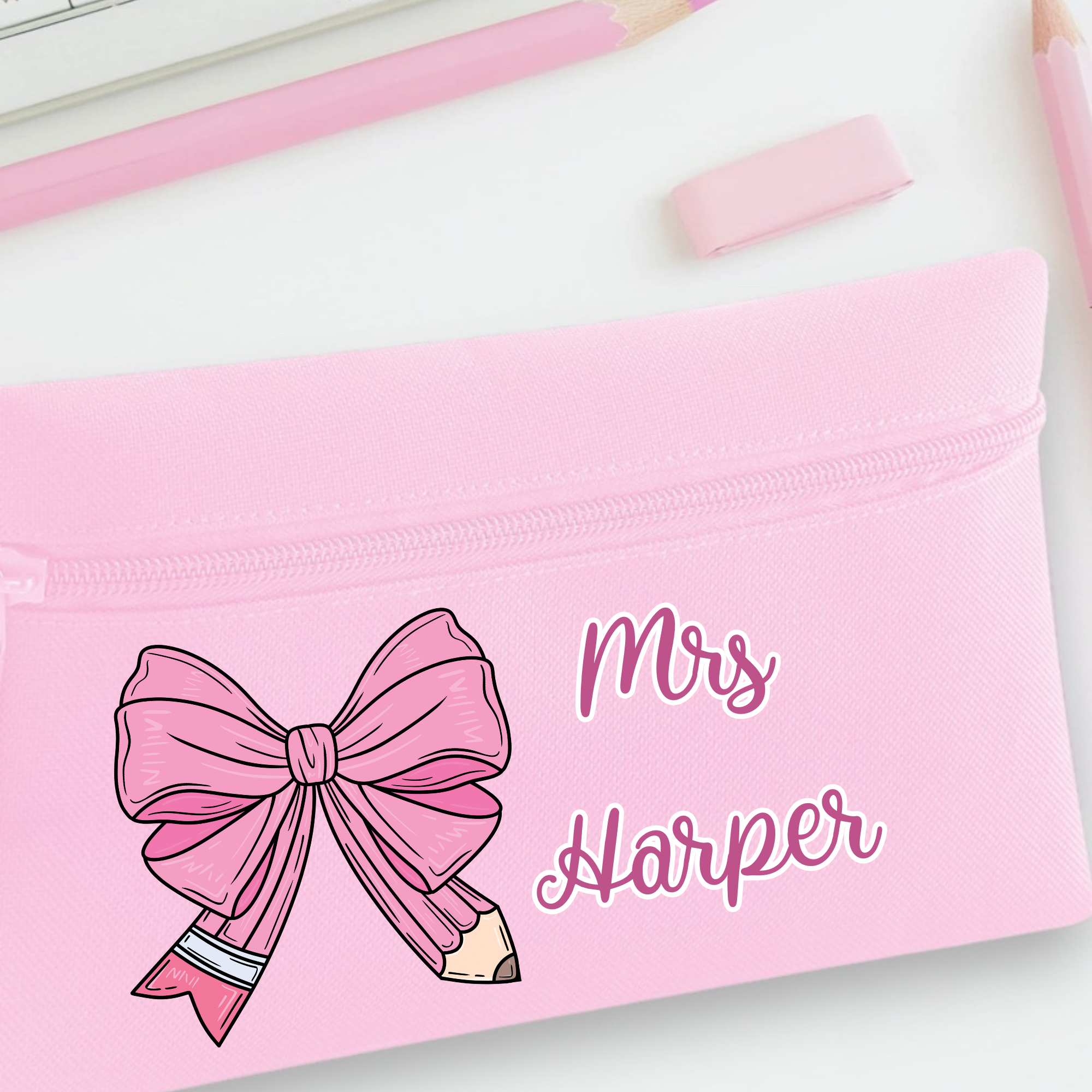 DTF -  Pink Crayon Bow Pencil Case Size
