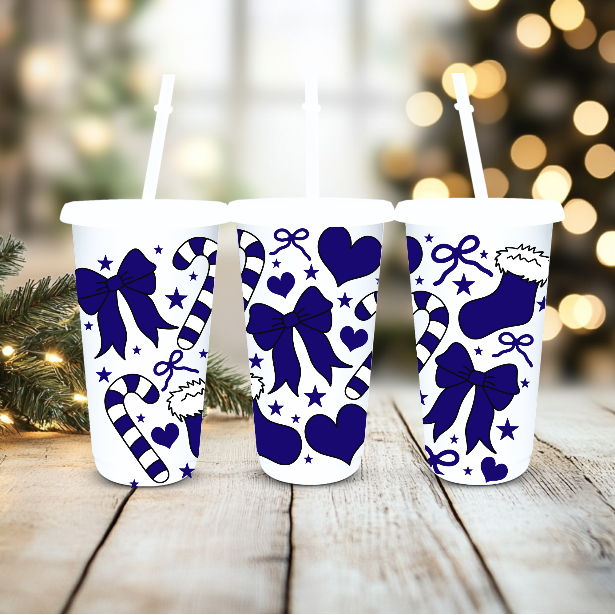 UVDTF Cold Cup Wrap - Navy Bow Candy Cane
