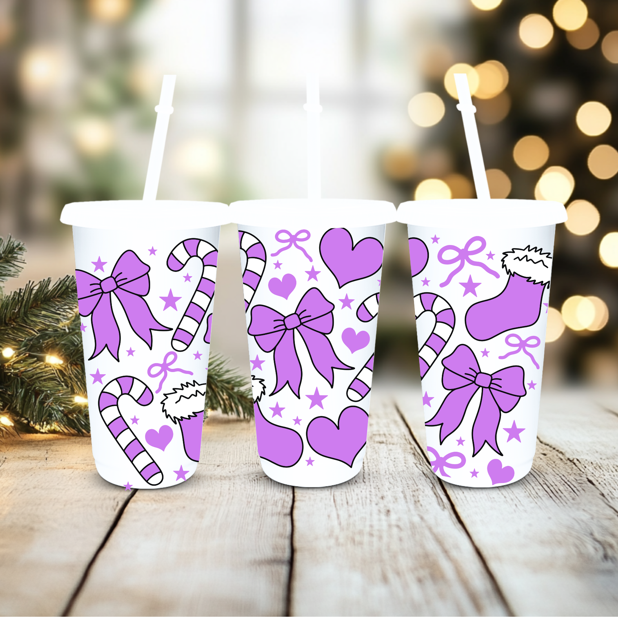 UVDTF Cold Cup Wrap - Lavender Bow Candy Cane