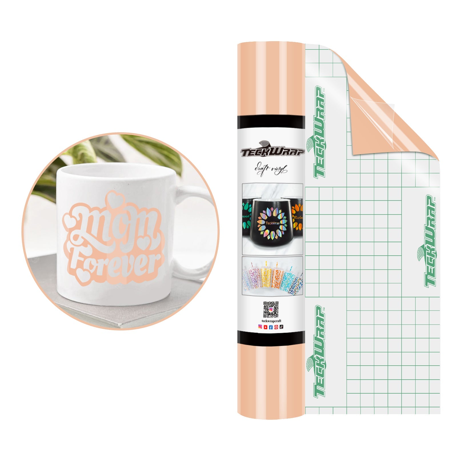 A roll of Teckwrap glossy shell pink adhesive vinyl suitable for crafting projects. self adhesive permanent vinyl 